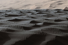 Two sizes of wind-sculpted ripples are evident in this view of the top surface of a Martian sand dune. Sand dunes and the smaller type of ripples also exist on Earth. The larger ripples -- roughly 10 feet (3 meters) apart -- are a type not seen on Earth nor previously recognized as a distinct type on Mars.The Mast Camera (Mastcam) on NASA's Curiosity Mars rover took the multiple component images of this scene on Dec. 13, 2015, during the 1,192nd Martian day, or sol, of the rover's work on Mars. That month, Curiosity was conducting the first close-up investigation ever made of active sand dunes anywhere other than Earth.The larger ripples have distinctive sinuous crest lines, compared to the smaller ripples.The location is part of "Namib Dune" in the Bagnold Dune Field, which forms a dark band along the northwestern flank of Mount Sharp.The component images were taken in early morning at this site, with the camera looking in the direction of the sun. This mosaic combining the images has been processed to brighten it and make the ripples more visible. The sand is very dark, both from the morning shadows and from the intrinsic darkness of the minerals that dominate its composition.  (NASA/JPL-Caltech/MSSS)