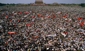 A sea of student protesters gather in Tiananmen square, 4 May 1989.